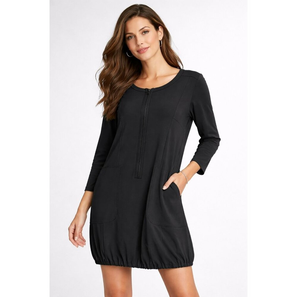 Sun Kim Long Sleeve Casual Tunic Dress With Pockets & Front Zipper Detail Relaxe